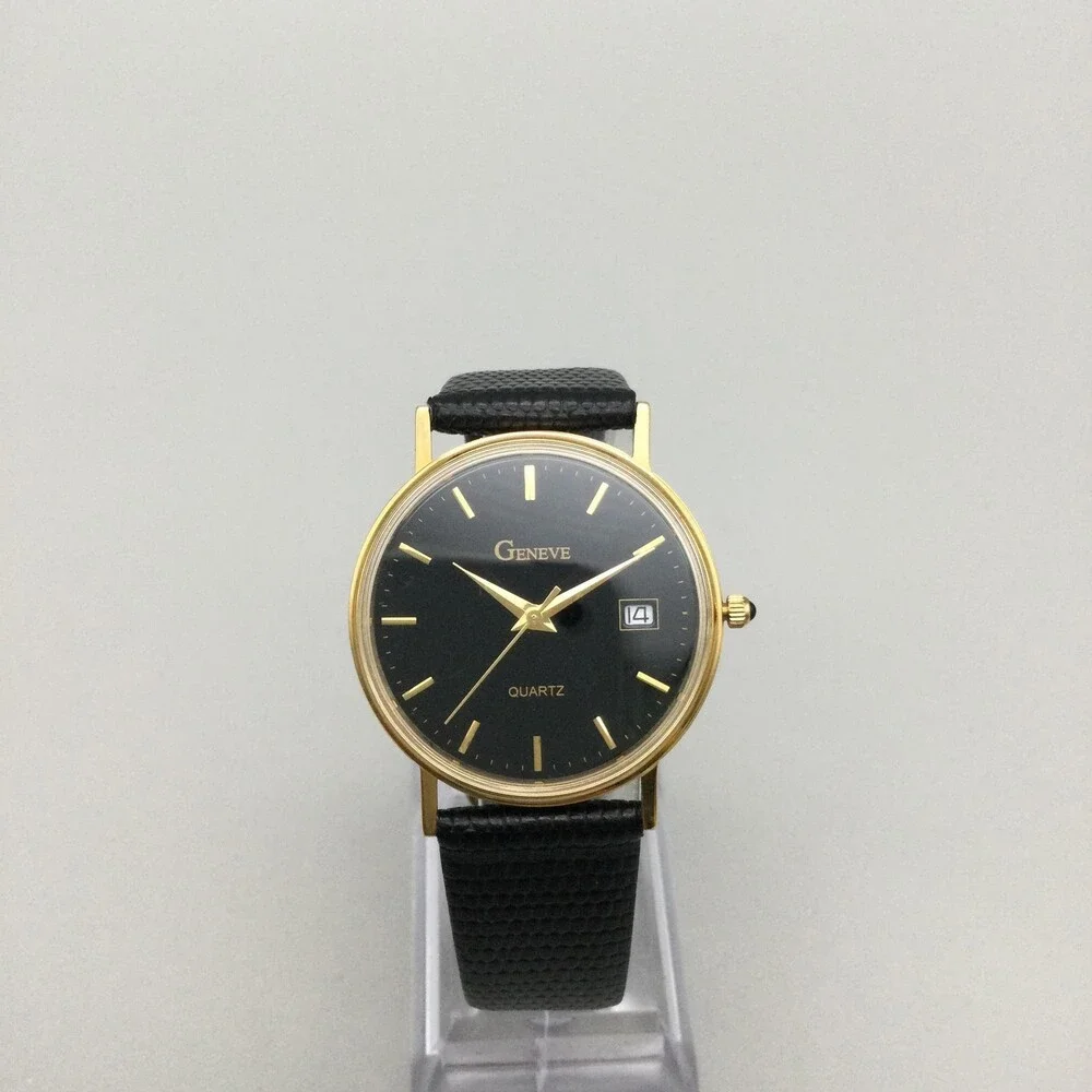 Vintage Geneve Mens Watch 33mm Black Dial Date 14K Gold Leather New Battery